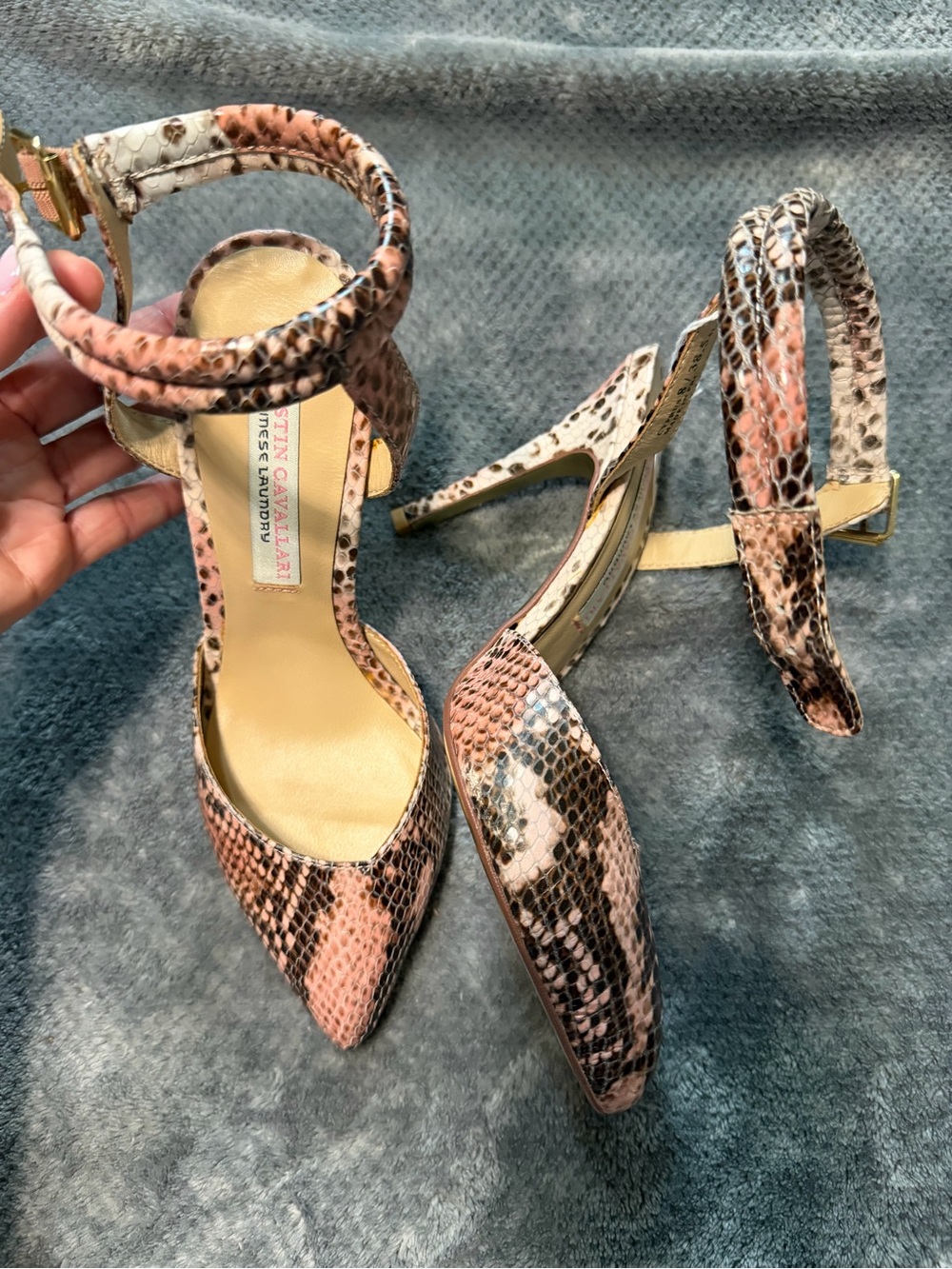 Women’s Chinese Laundry Pink Snake-Print Ankle-Strap Heels